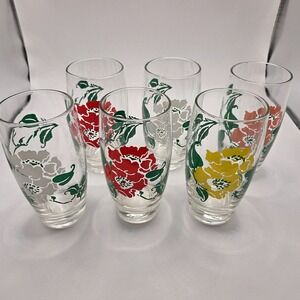 Set of 6 Hazel Atlas MCM Floral Print Tumblers Vintage Glasses